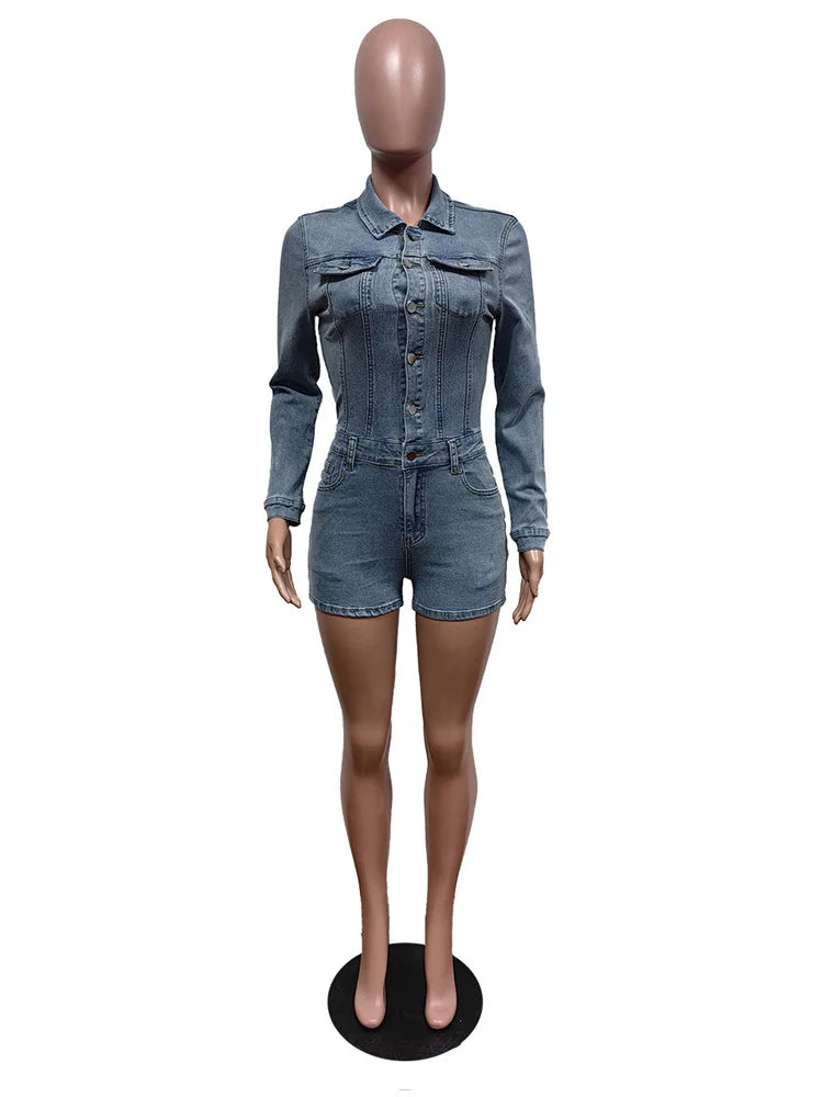 Denim Women Playsuit Lapel Single-Breasted Full Sleeve One Pieces Shorts Trendy Vintage High Street Partywear