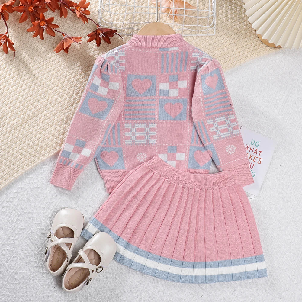 Girls Geometric Printed Knit Top+Striped Pleated Skirt Two Piece Set