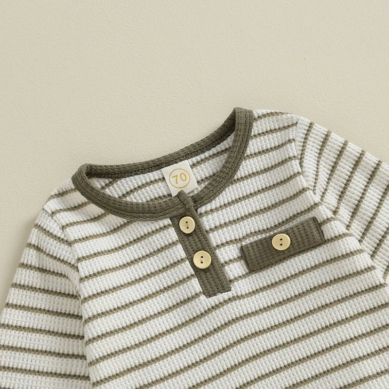 Newborn Baby Boy Girl Fall Winter Clothes Waffle Knit Striped Romper Long Pants Set Home Outfit