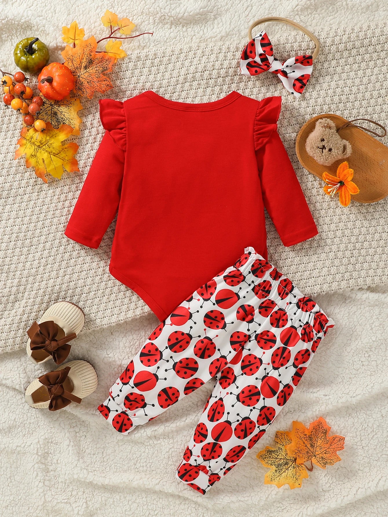 Baby Girl Fashion Clothes Infant Long Sleeve Cartoon Ladybird Bodysuit +Pant Set+Headband 3PCS