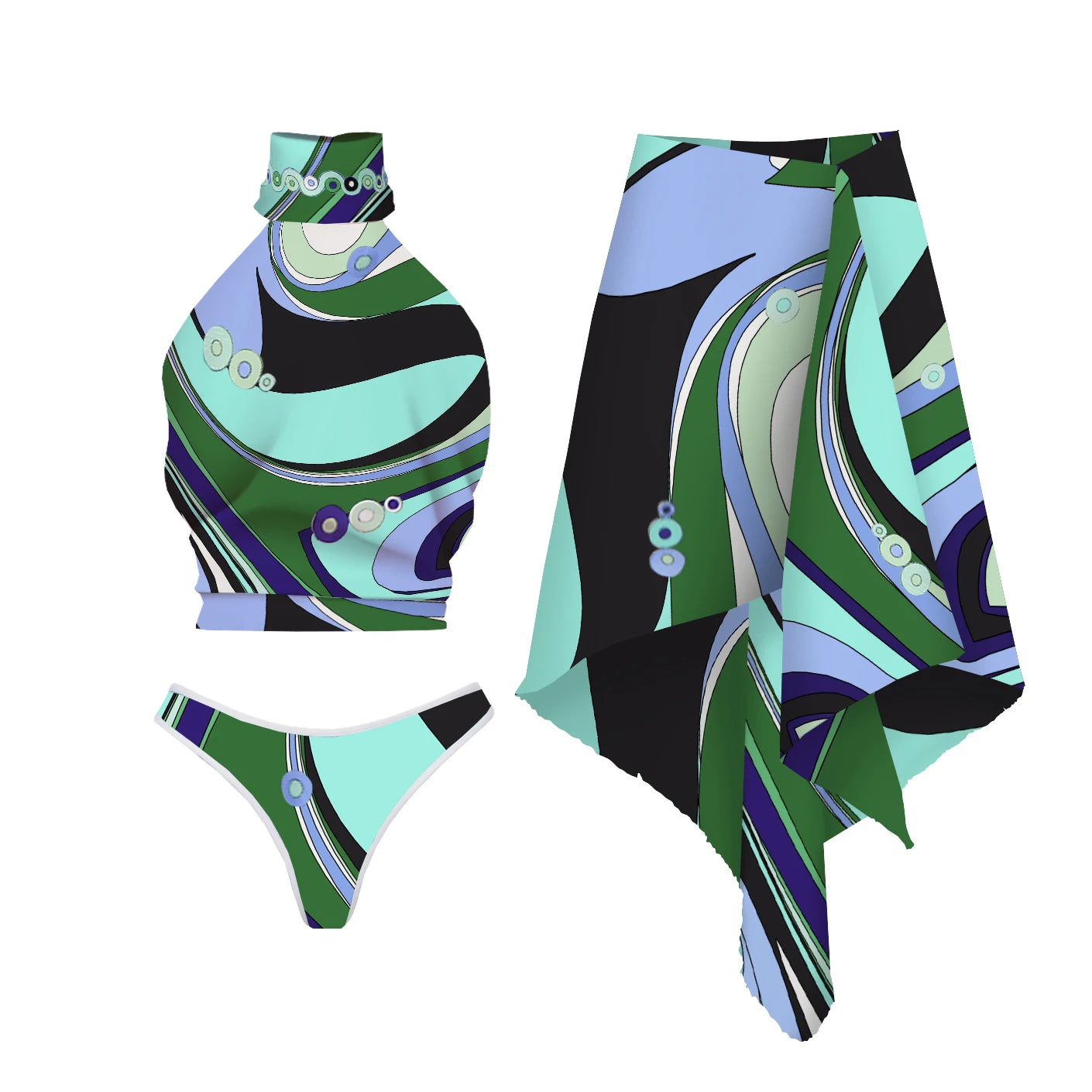 3Pcs Halter Bikini Sexy Women Swimsuit Bandeau Biquini Push Up Swimwear Female Printed Bathing Suits Beach Outfits Midi Skirt