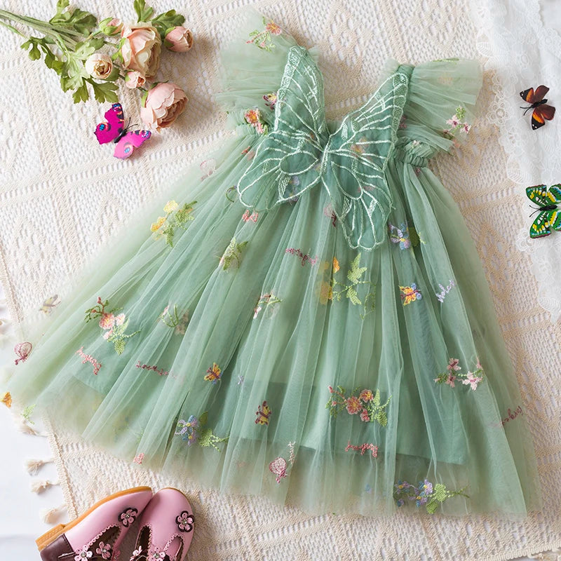 Fashion Dress Holiday Girls Suspender Puffy Mesh Clothes Children Flower Wear Princess Embroidery Tulle Dress