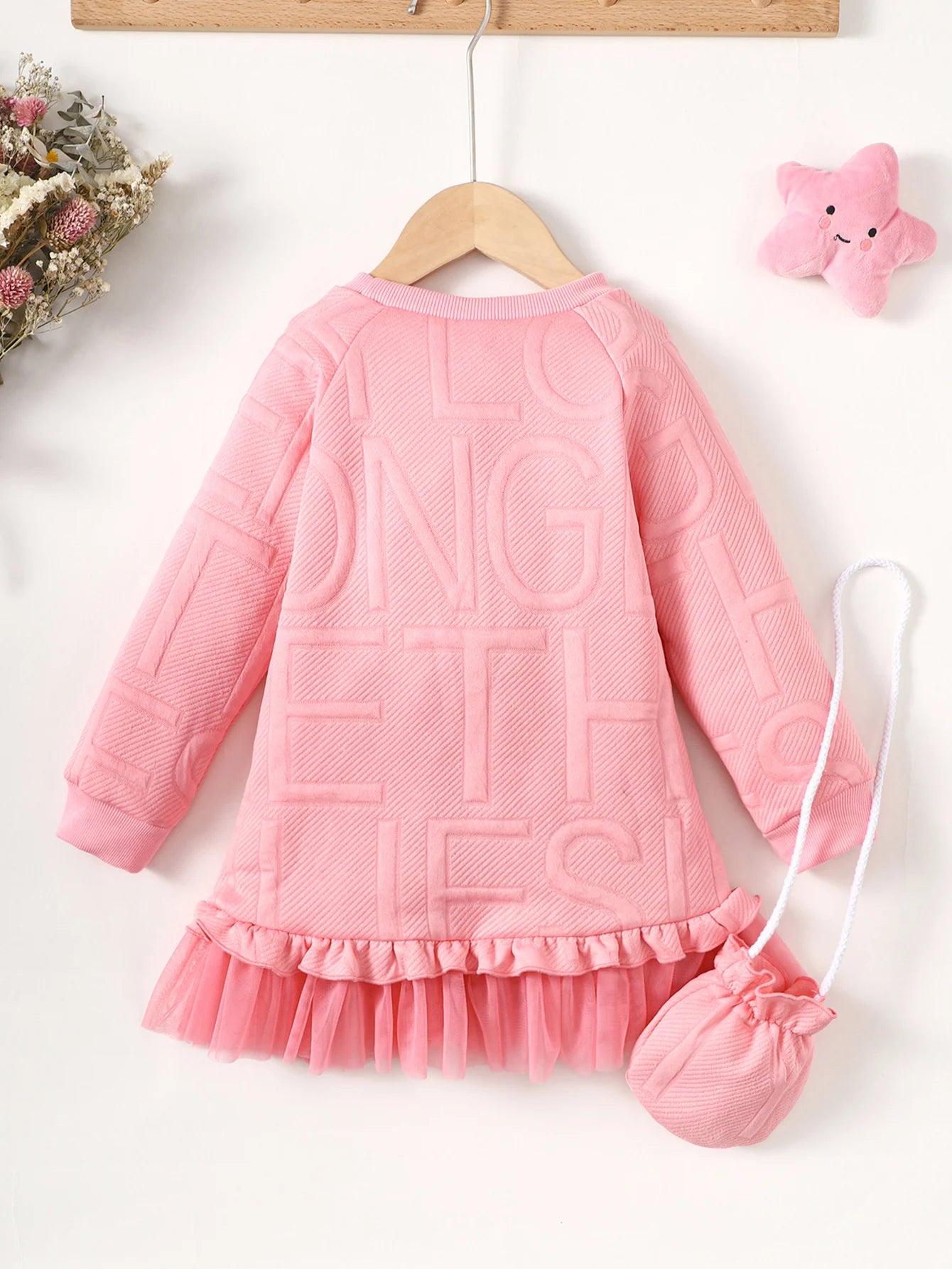 Children Girl Embossed Letter Long Skirt Autumn Long Sleeve Dress with Satchel Princess Dress Birthday Party Outfits