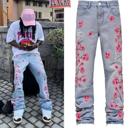 Men Ripped Holes Floral Patchworks Denim Pants Male's Fashion Clothes