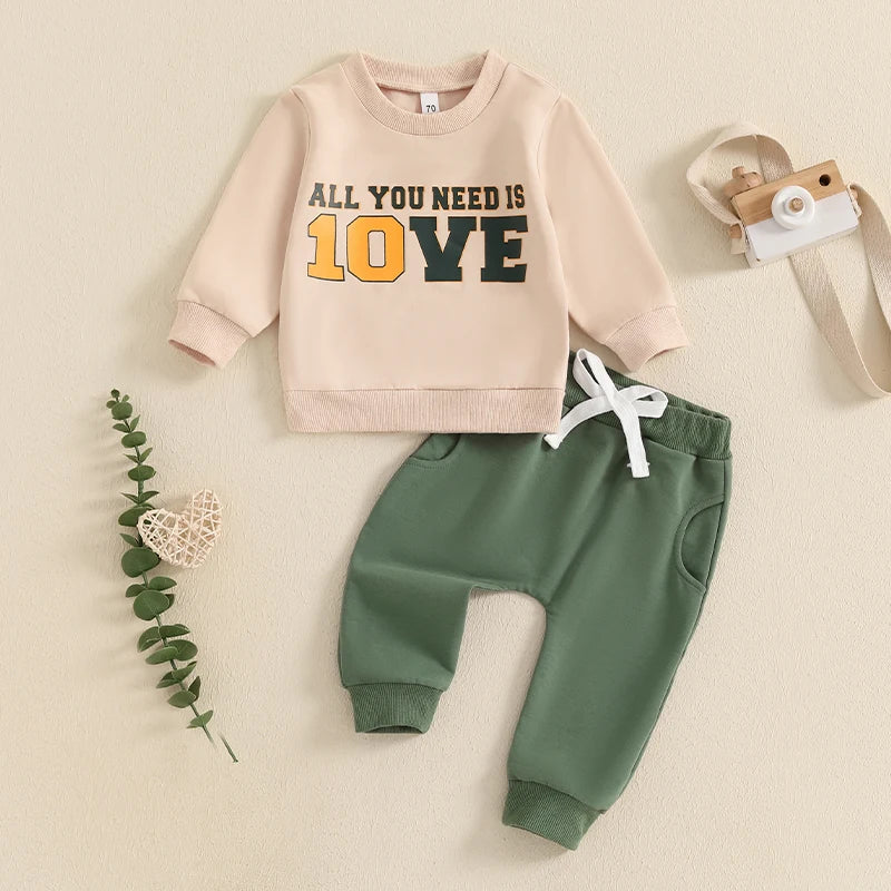 Baby Boys Pants Set, Long Sleeve Crew Neck Letter Print Sweatshirt with Elastic Waist Pants Infant Clothes