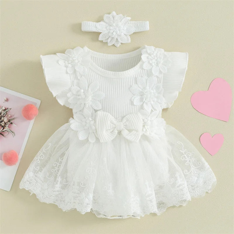 Baby Girls Princess Mesh Lace Patchwork Ruffle Bodysuit Dress Headband