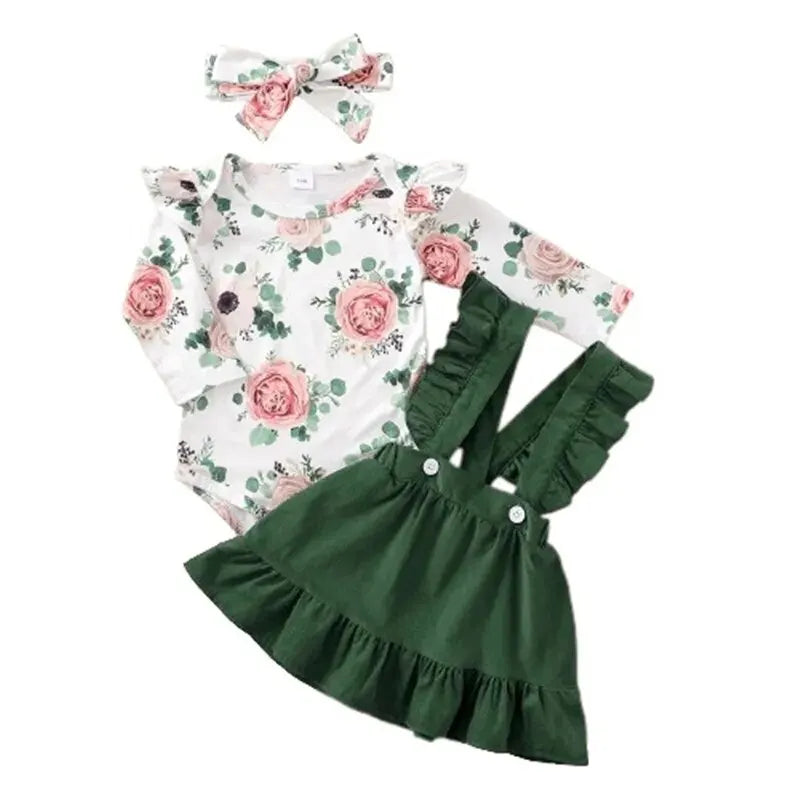 0-12Months Newborn Baby Girl 3PCS Clothes Set Floral Long Sleeve Top+Suspender Skirt+Headwear Fashion Spring&Autumn Daily Outfit