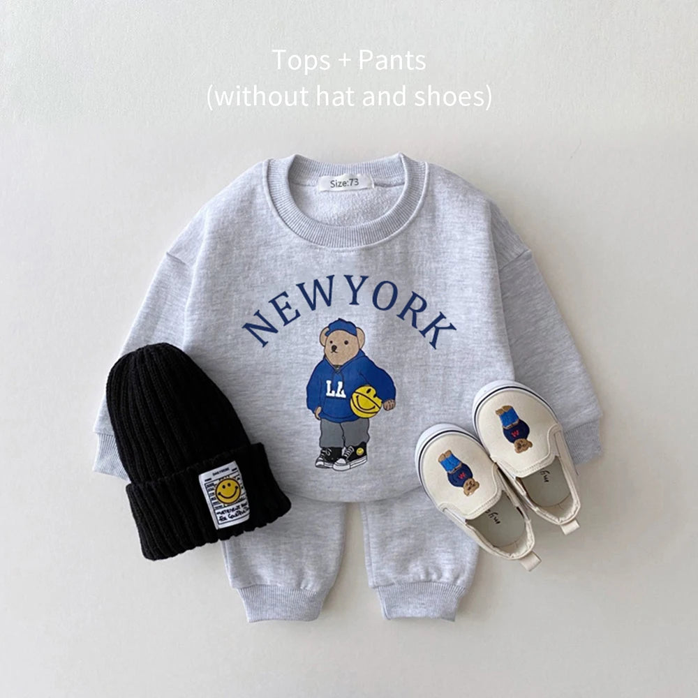 Newborn Spring Autumn 2PCS Baby 0-4Y Cotton Thick Long Sleeves+Pants Bear Boys Girls Printed Clothes Warmth Set Children