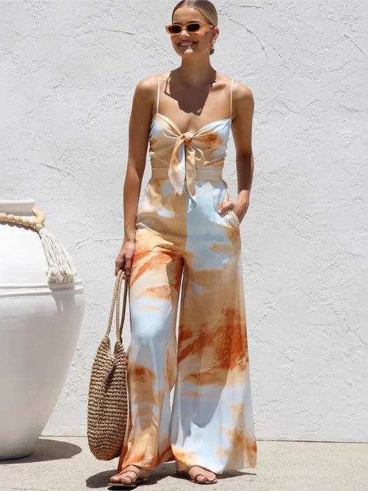 Summer New Print Spaghetti Strap jumpsuits Women Sexy Low Cut Bowknot Bowknot High Waist Wide Leg Jumpsuit Vacation Style Female
