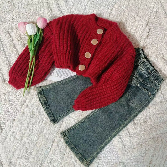 Girl Red Cardigan Coat+Jeans Set