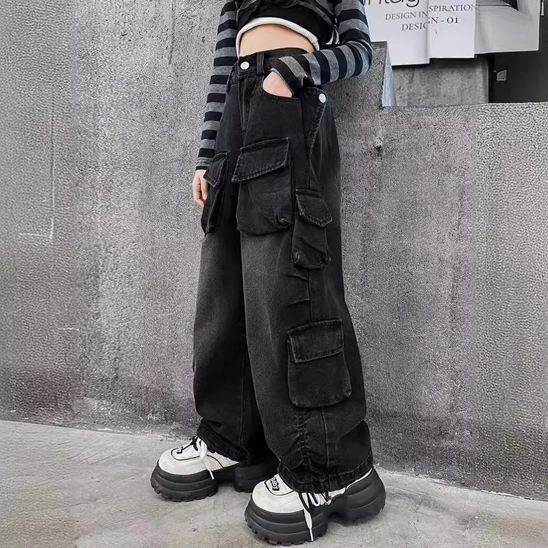 Cargo Jeans Elastic Waist Teenage Children Wide Leg Pants Design Streetwear