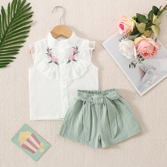 Baby Girl Cotton Flower Embroidery Sleeveless Top And Shorts Two-Piece Set Of Cute Girl Shirt Top And Sho