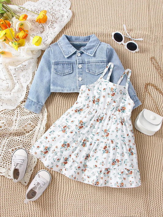 3pieces Four Seasons Leisure Travel Vacation Comfortable Denim Long Sleeve + Floral Dress Set With Halter Sweet Fashion