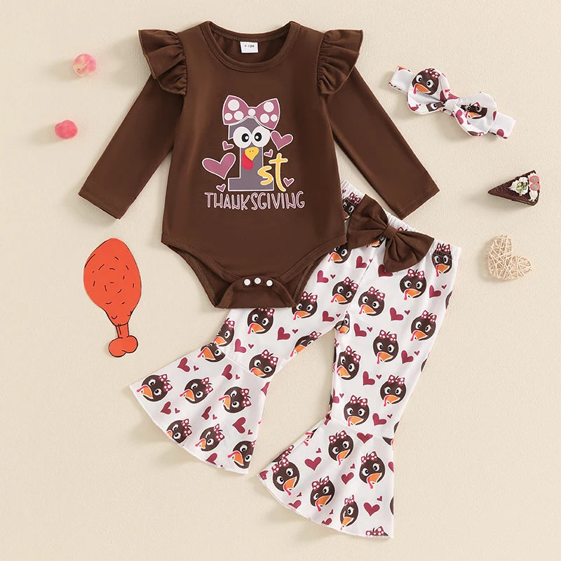 2024-05-20 Lioraitiin Baby Girl Thanksgiving Outfit, Turkey Print Long Sleeve Romper Flared Pants Bow Headband 3Pcs Set for Fall