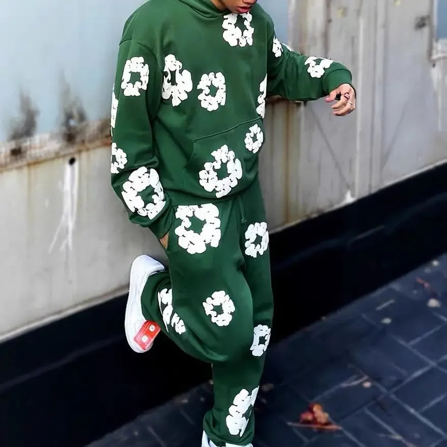 Fashion Flower New Mens Womens Same Foam Kapok Printing Long-sleeved Fleece Hooded Sweater Casual Loose Sweatpants Set