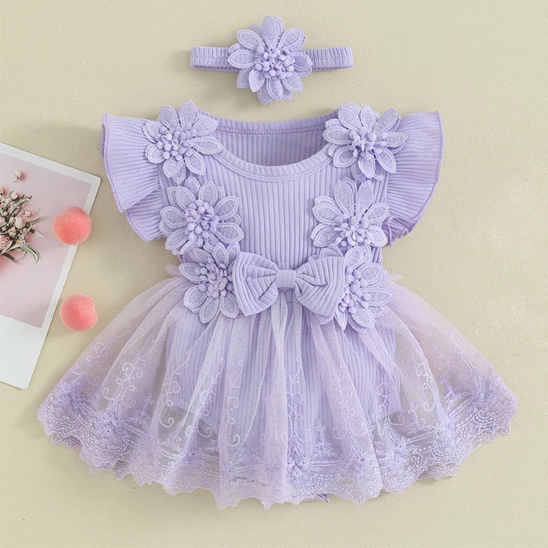 Baby Girls Princess Mesh Lace Patchwork Ruffle Bodysuit Dress Headband