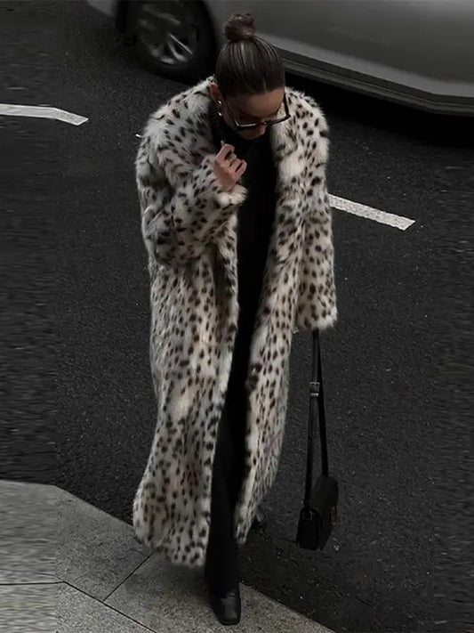 Retro Leopard Faux Fur Long Coats Women Winter Warm Thicken Open Maxi Coat Female Casual Loose Elegant Chic Street Outwear