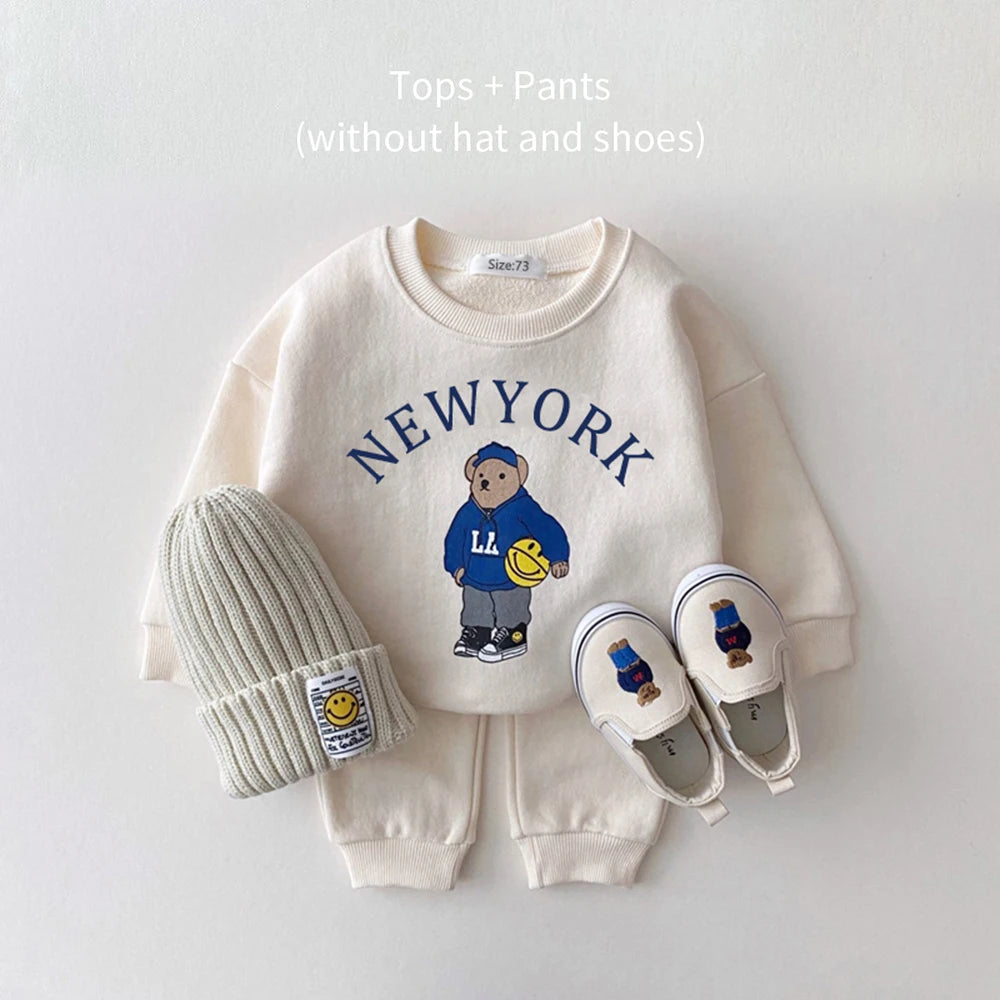 Newborn Spring Autumn 2PCS Baby 0-4Y Cotton Thick Long Sleeves+Pants Bear Boys Girls Printed Clothes Warmth Set Children