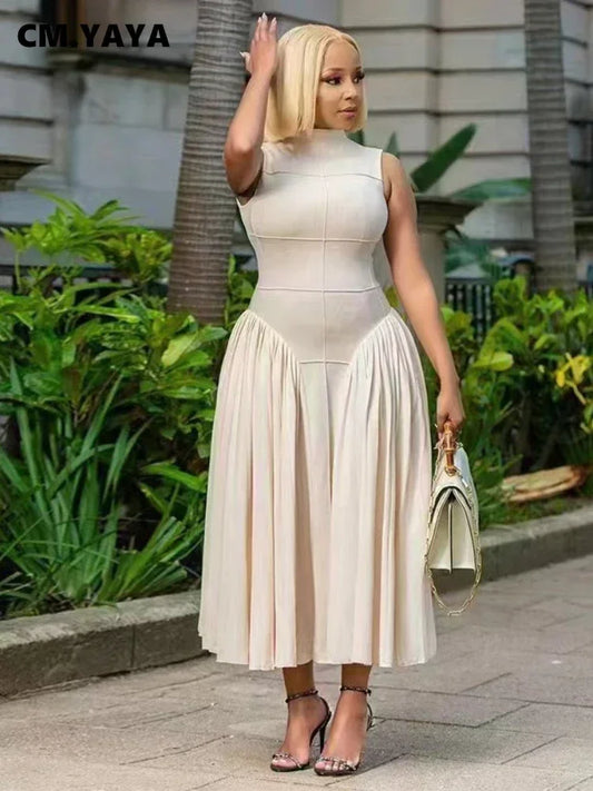 Women Ruched Side Sleeveless Pleated Maxi Dress