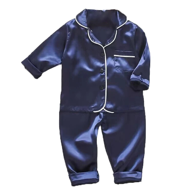 Korean version of childrens pajamas set silk satin long sleeve top+trousers two -piece male baby girl cartoon solid color set