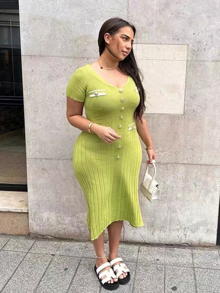 Office Lady Elegant Knitted Long Dress Summer Short Sleelve V Neck Single Breasted Bodycon Dresses Women Party Fashion Vestidos