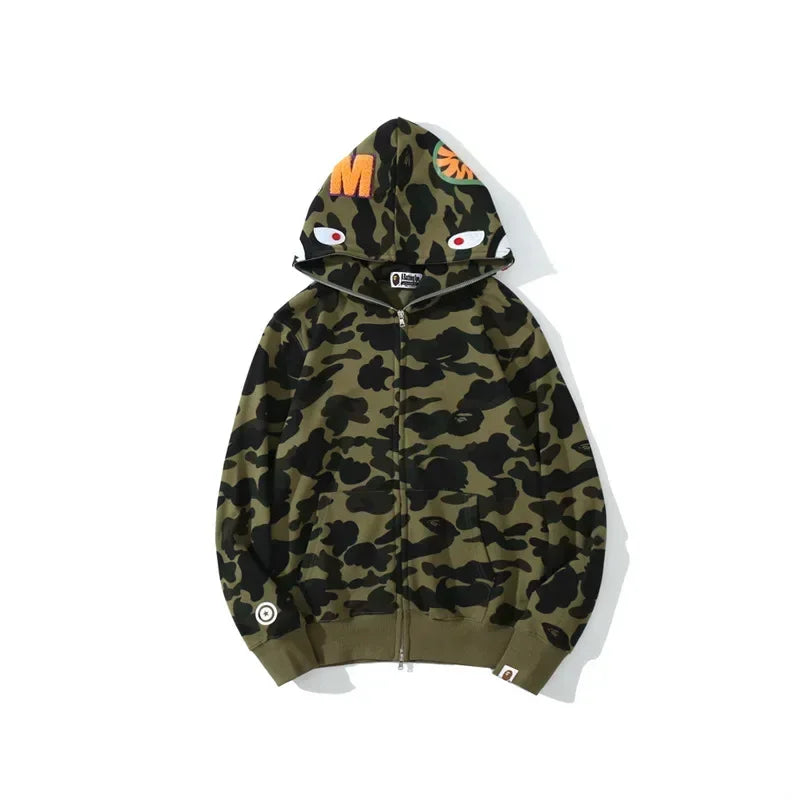 100% Cotton Trendy Shark Camouflage Zippered Hoodie for Men and Women Fine Embroidery Loose Fitting Pure Cotton Plush Hooded Ca