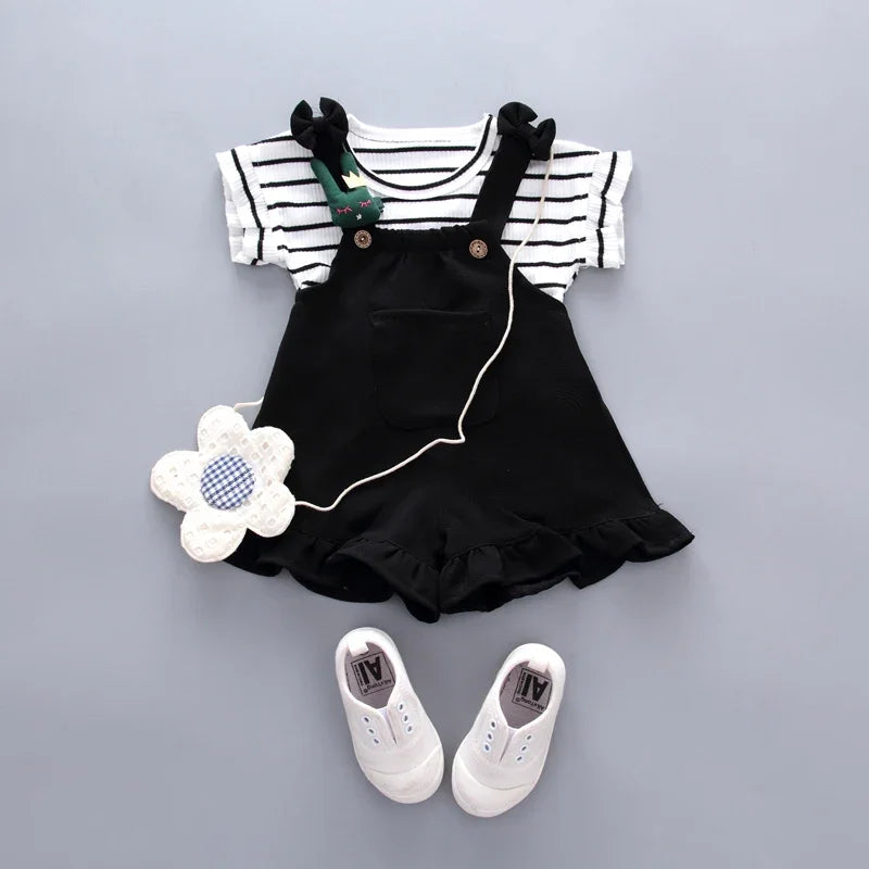 2pcs Cute Toddler Baby Girl T-shirt+Suspender Shorts Outing Clothes New Fashion Bay Sets Suits (No Shoes No Bag)