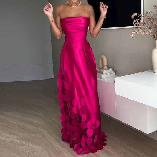 Sexy Elegant Off Shoulder Satin Spliced Hollow Out Party Dress Women's Summer Backless Red Chic Banquet Evening Dresses 2025 New