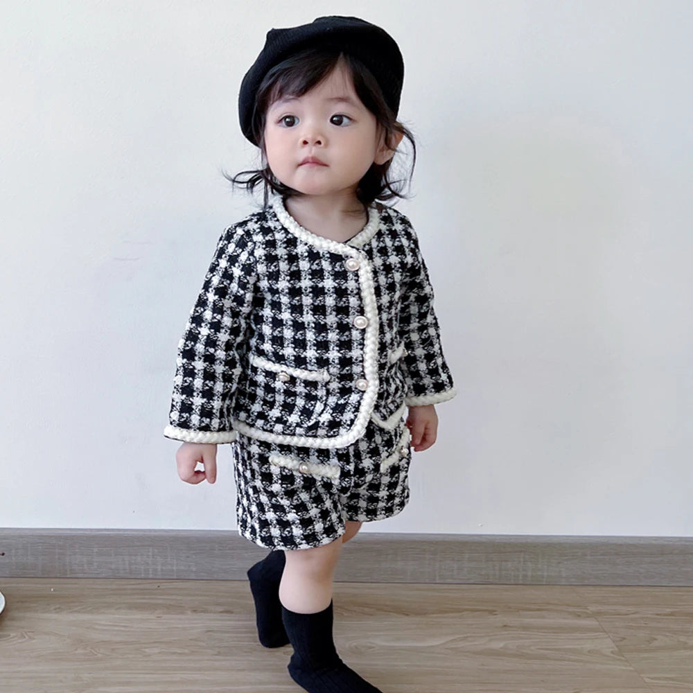 New Baby Boys And Girls' Tweed Black Plaid Long Sleeved Shirt With Open Coat And Short Pant