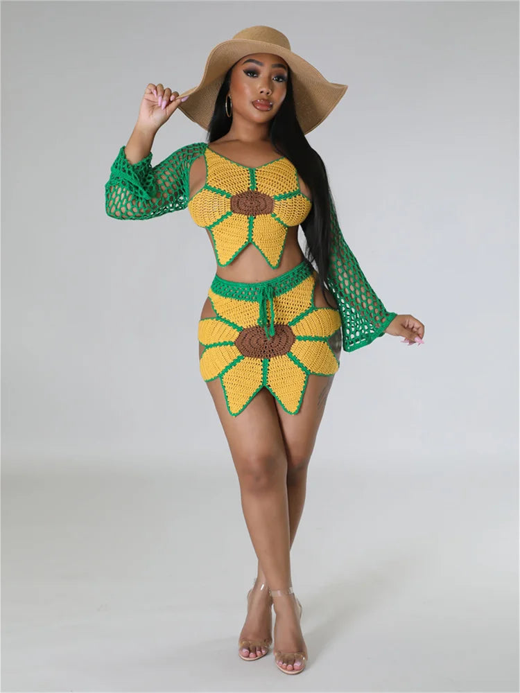 Crochet Sunflower Backless Hollow Tops+Skinny Skirt Beach Party Summer Trend Matching Suits