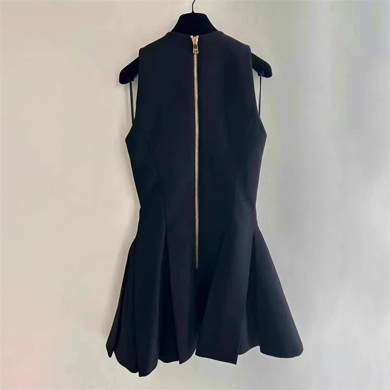 women's V-neck metal double-breasted sleeveless dress 2024 high quality fashion retro casual A-line mini skirt