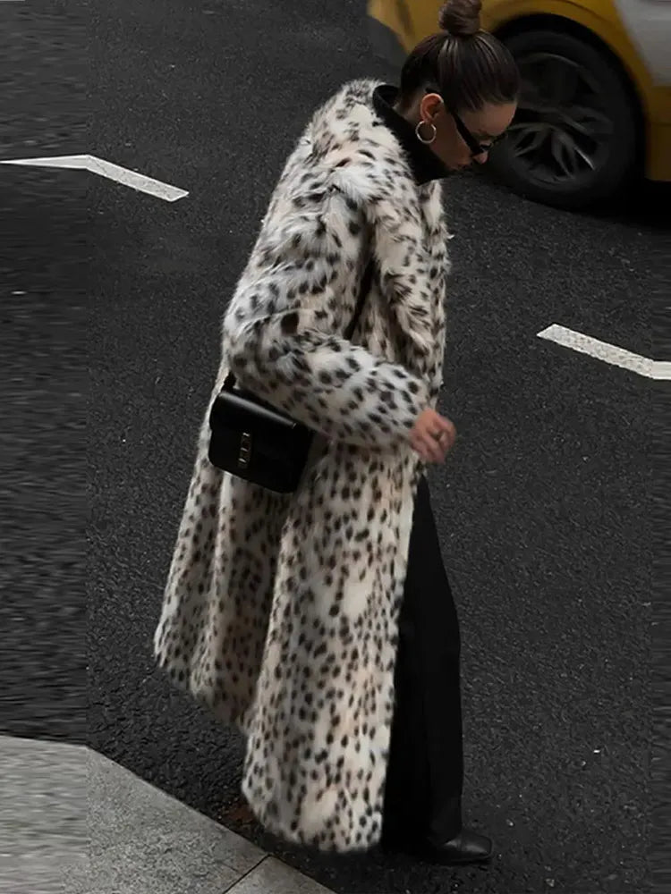 Retro Leopard Faux Fur Long Coats Women Winter Warm Thicken Open Maxi Coat Female Casual Loose Elegant Chic Street Outwear