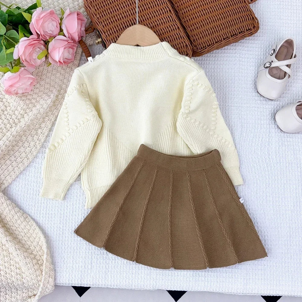 Winter Cute Bow Tie Sets Round Neck Long Sleeved Sweater+A-line Skirt Two-piece Sets Korean Version College Style Girls Clothes