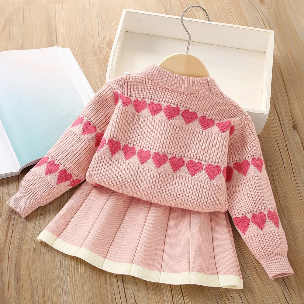 Girls Sweater Set 2024 Autumn/Winter New Korean Edition Western Love Girls Knitted Top+Pleated Skirt Knitted Two Piece Set