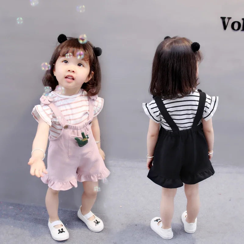 2pcs Cute Toddler Baby Girl T-shirt+Suspender Shorts Outing Clothes New Fashion Bay Sets Suits (No Shoes No Bag)