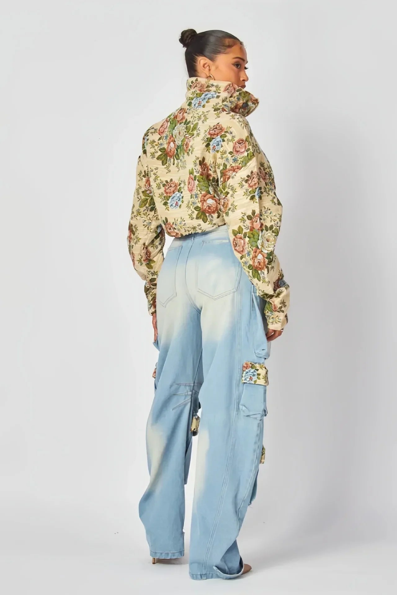 Denim Outfit Women Floral Patchwork Zipper Fly Drawstring Cropped Jacket + Pockets Cargo Jeans 2 Piece Set Streetwear Tracksuits