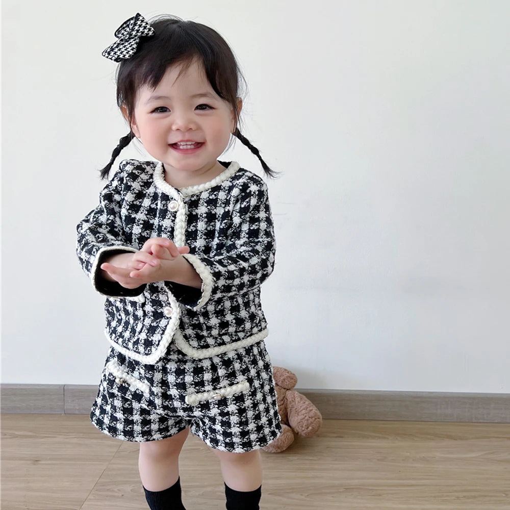 New Baby Boys And Girls' Tweed Black Plaid Long Sleeved Shirt With Open Coat And Short Pant