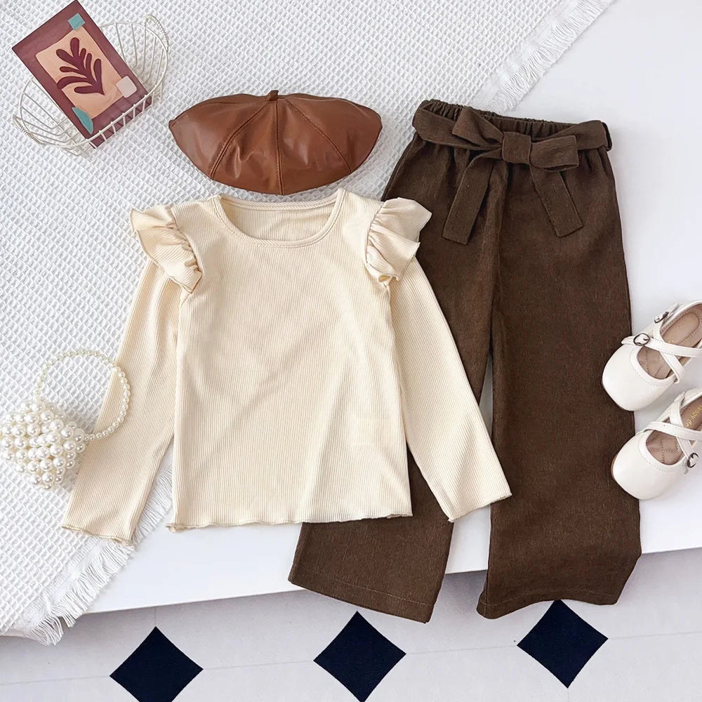 Long Sleeved Round Neck Top+brown Long Pants Children's Two-piece Sets