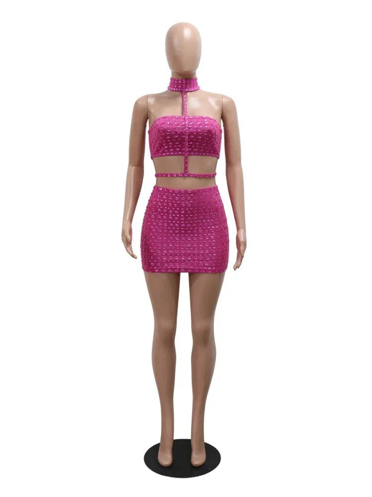Rhinestone Reverie Strapless Choker CropTop & Hot Mini Skirt Co-Ord