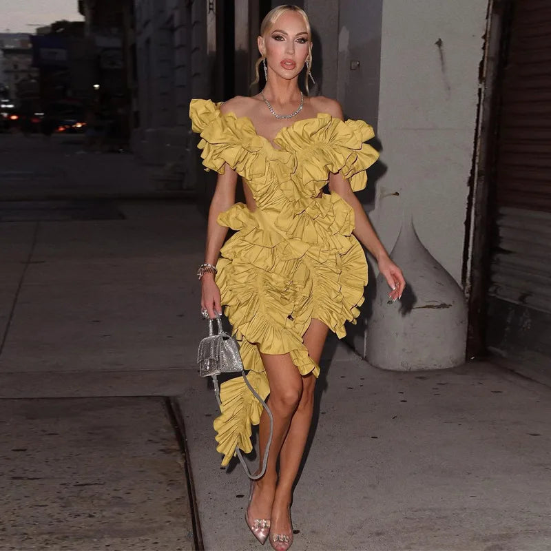 Women Strapless Ruffles Tassel Splicing Irregular Birthday Bodycon Midi Maxi Dress 2024 Even Sexy Party Dresses Vestidos