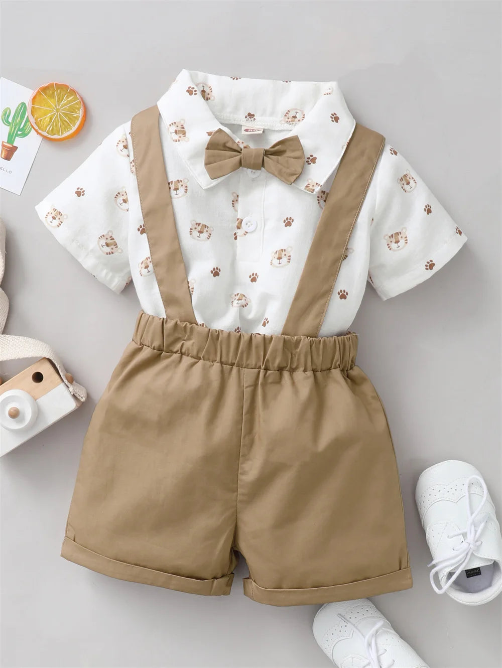 2PCS Infant Boy Clothes Set Tiger Print Short Sleeve with Bow+Strap Shorts Casual Party Birthday Suit for Toddler Boy 0-2 Years