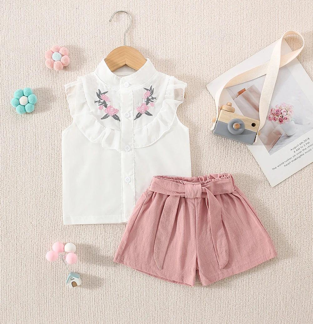 Baby Girl Cotton Flower Embroidery Sleeveless Top And Shorts Two-Piece Set Of Cute Girl Shirt Top And Sho