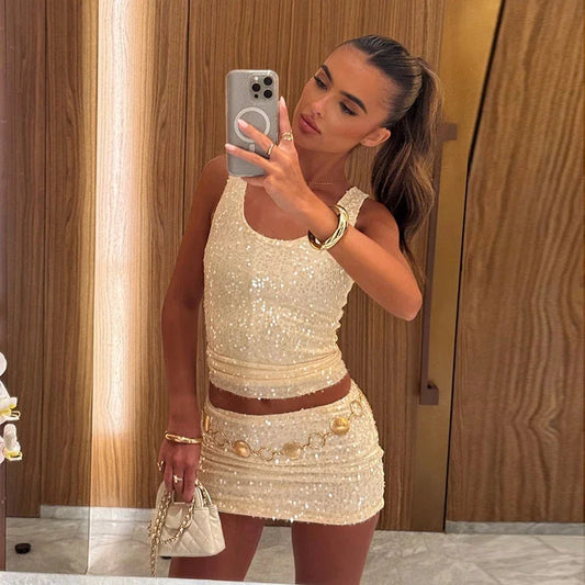 Sexy Sequined A-line Skirts Sets Women Square Collar Sleeveless Sling Top Mini Skirt 2025 Spring Summer Lady High Street Outfits