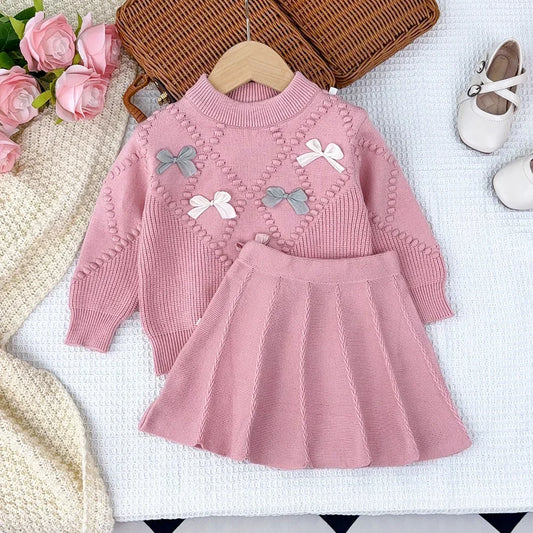 Winter Cute Bow Tie Sets Round Neck Long Sleeved Sweater+A-line Skirt Two-piece Sets Korean Version College Style Girls Clothes