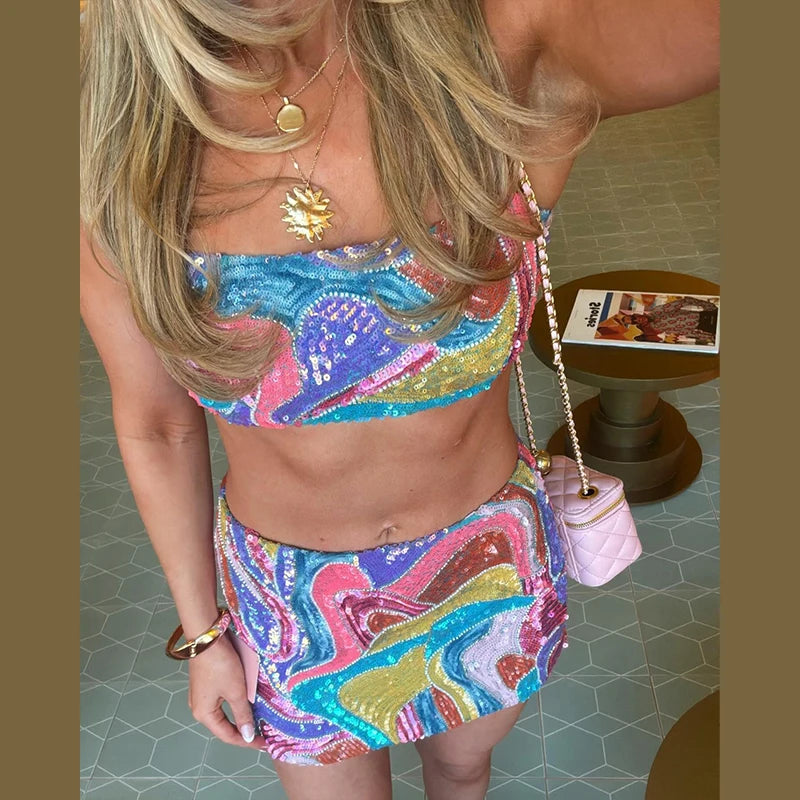 Women Set Colorful Sequin Slip Top Skirt Bikini Swimsuit Crop Halter Vest Blouse Wrap Hip Short Skirts Sexy Socialite Gown Suit