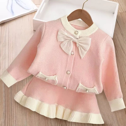 Autumn Dress Bow Korean Edition Children's Set Baby Foreigner Knitted Cardigan Set