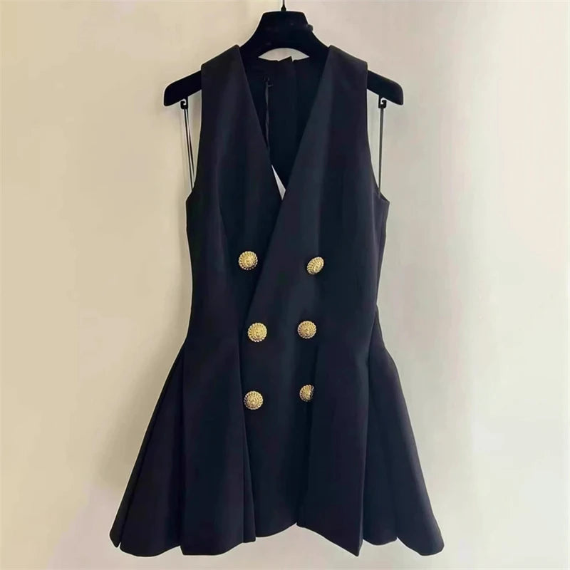 women's V-neck metal double-breasted sleeveless dress 2024 high quality fashion retro casual A-line mini skirt