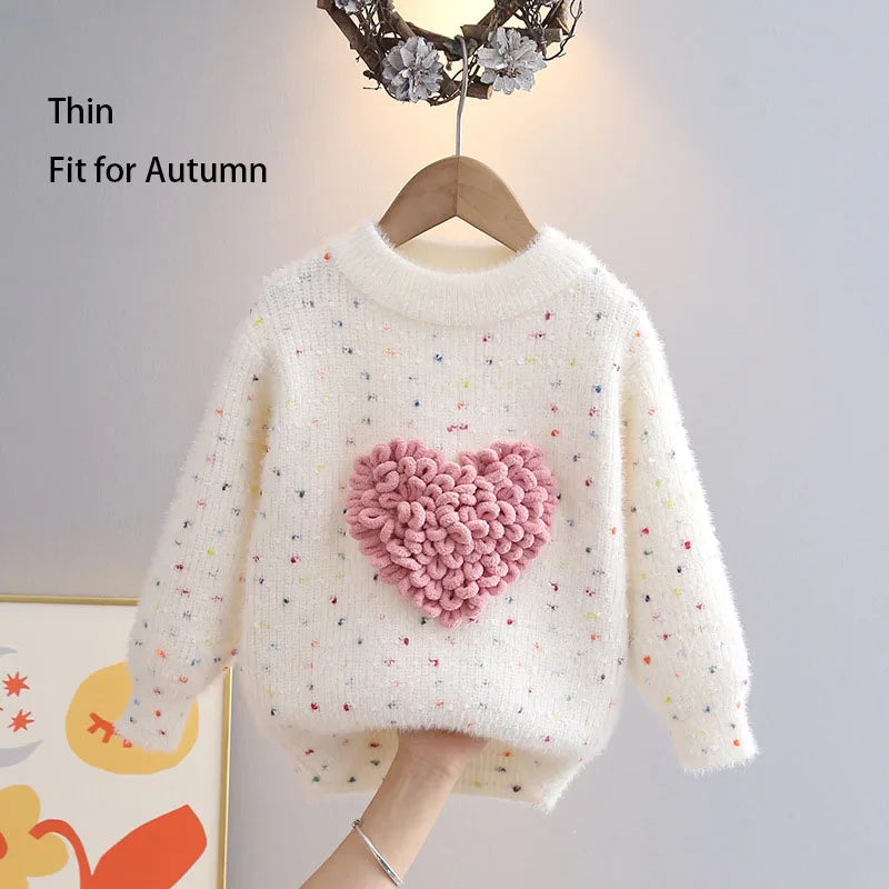 Children Autumn Winter Knitwear Love Heart O-Neck Pullovers Loose Colorful Spot Sweater