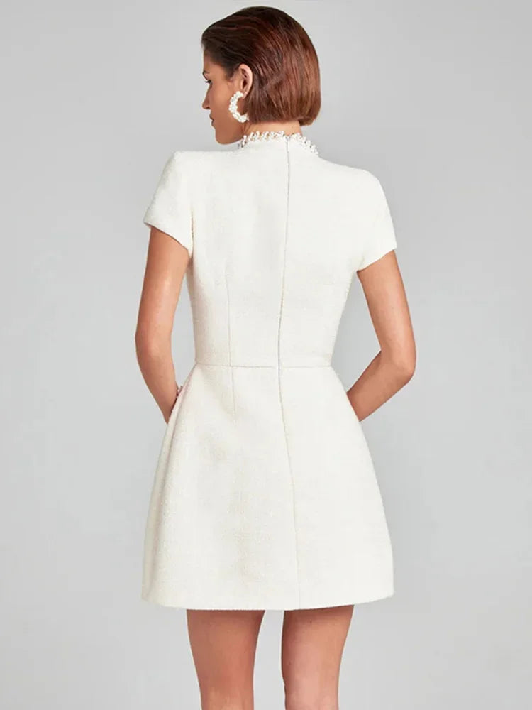 Women Elegant Square Collar Dress Slim Shoulder Pad High Waist Short Sleeve Dresses 2024 Autumn Commuting Office Style Vestidos