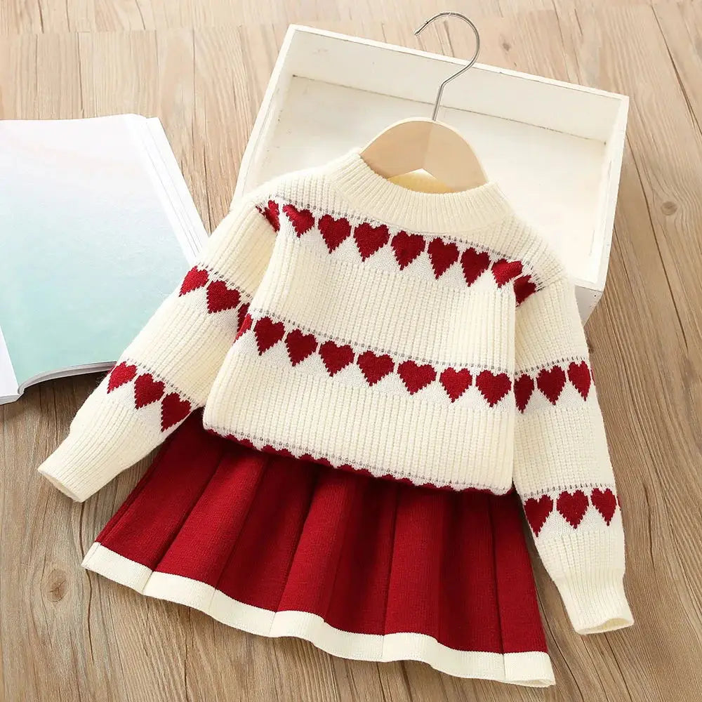 Girls Sweater Set 2024 Autumn/Winter New Korean Edition Western Love Girls Knitted Top+Pleated Skirt Knitted Two Piece Set